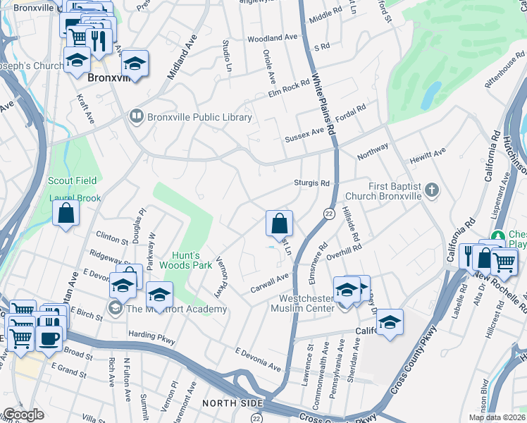 map of restaurants, bars, coffee shops, grocery stores, and more near 29 Locust Lane in Bronxville