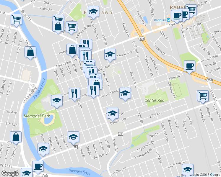 map of restaurants, bars, coffee shops, grocery stores, and more near 12-13 Edward Street in Fair Lawn