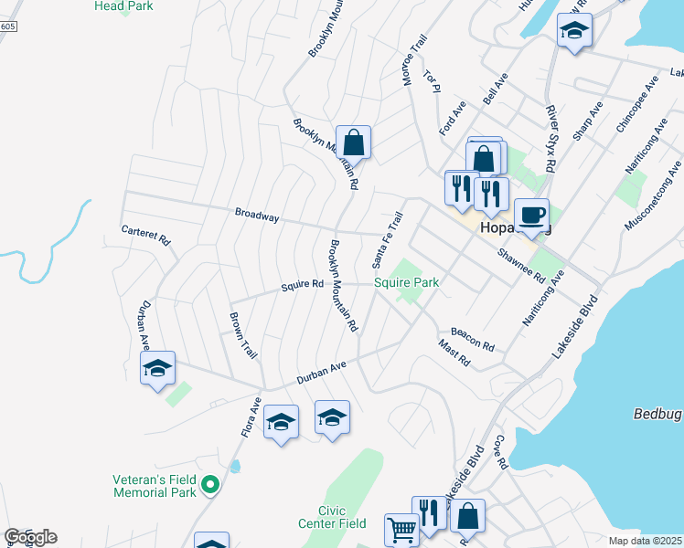 map of restaurants, bars, coffee shops, grocery stores, and more near 405 Brooklyn Mountain Road in Hopatcong