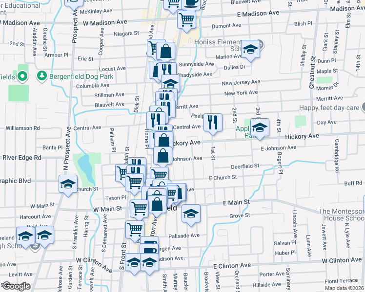 map of restaurants, bars, coffee shops, grocery stores, and more near 48 Hickory Avenue in Bergenfield