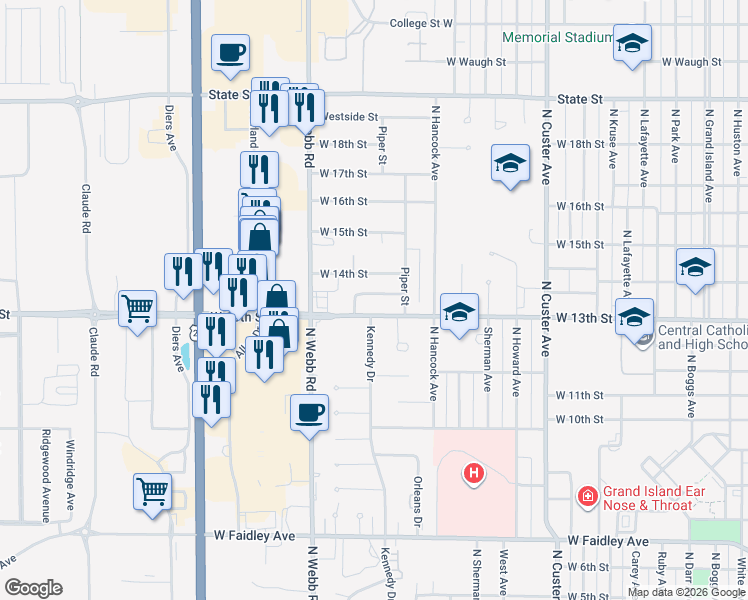 map of restaurants, bars, coffee shops, grocery stores, and more near 3029 Midway Road in Grand Island