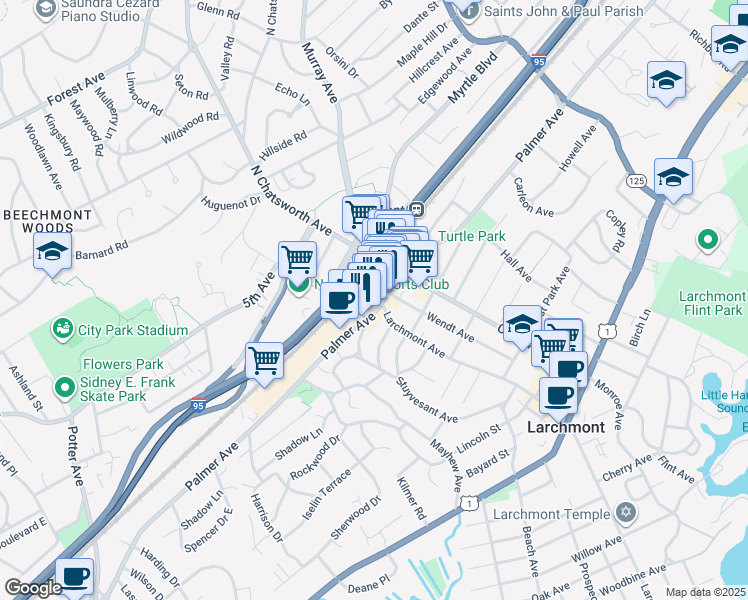 map of restaurants, bars, coffee shops, grocery stores, and more near 1930 Palmer Avenue in Larchmont