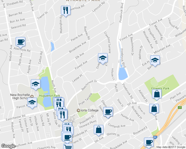 map of restaurants, bars, coffee shops, grocery stores, and more near 170 Overlook Circle in New Rochelle