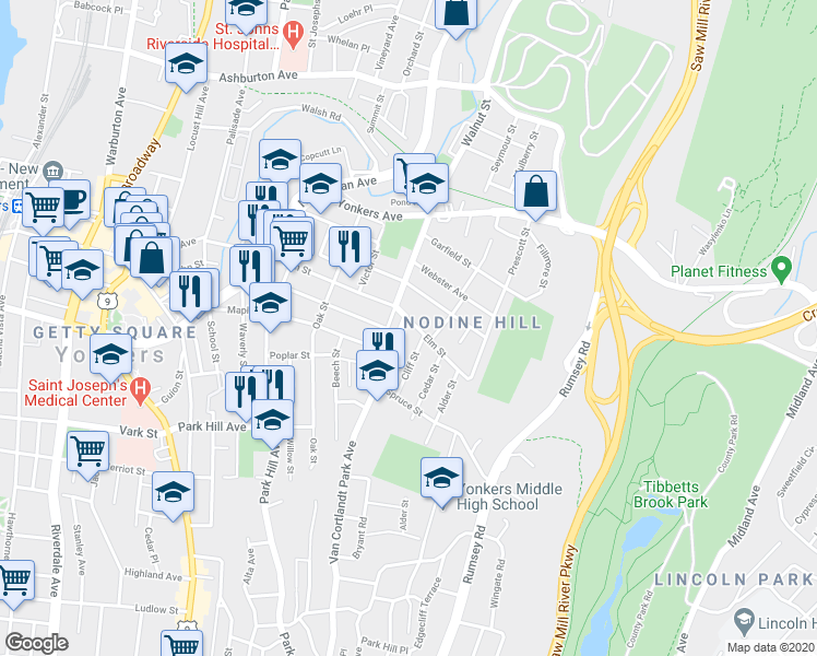 map of restaurants, bars, coffee shops, grocery stores, and more near 4 Van Cortlandt Park Avenue in Yonkers