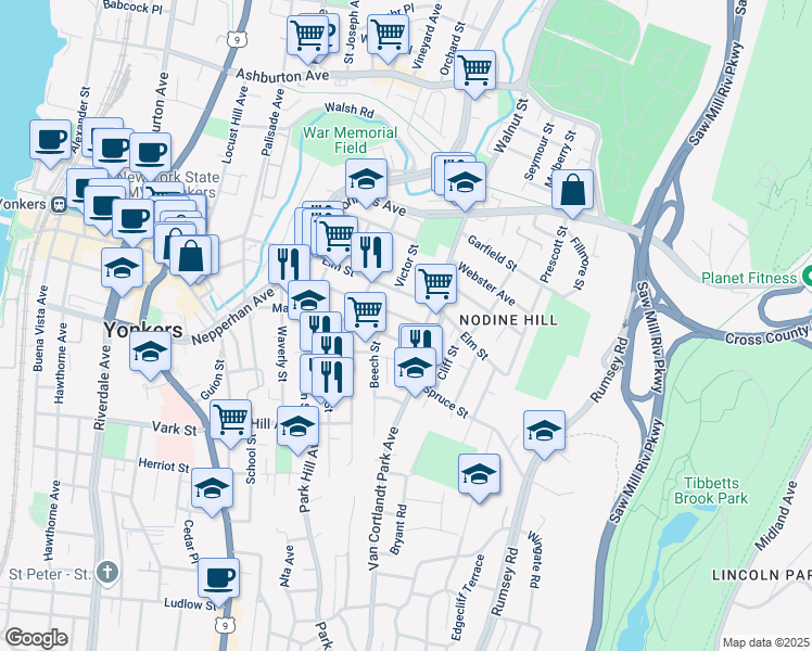 map of restaurants, bars, coffee shops, grocery stores, and more near 102 Ash Street in Yonkers