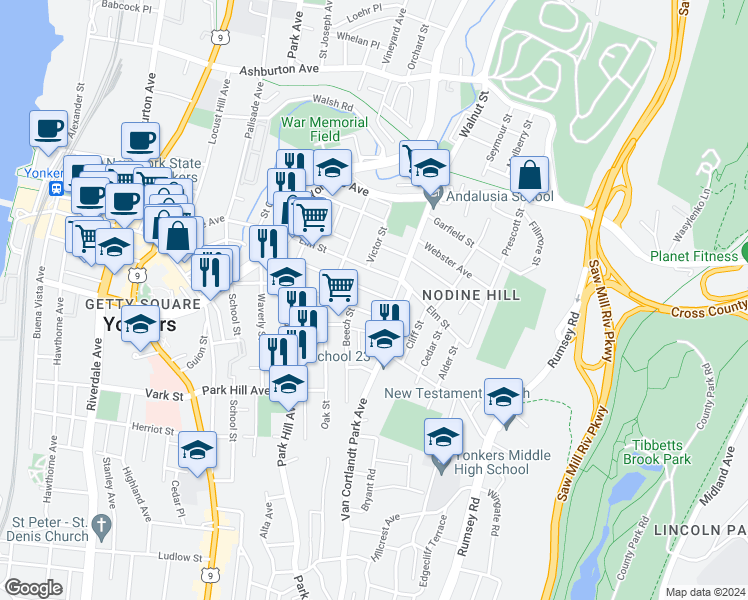 map of restaurants, bars, coffee shops, grocery stores, and more near 98 Ash Street in Yonkers
