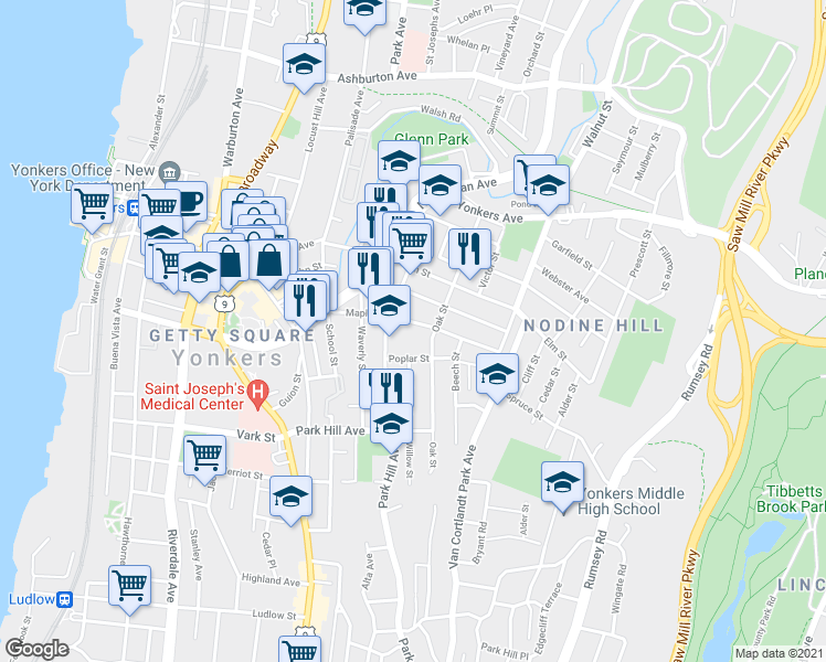 map of restaurants, bars, coffee shops, grocery stores, and more near 44 Maple Street in Yonkers