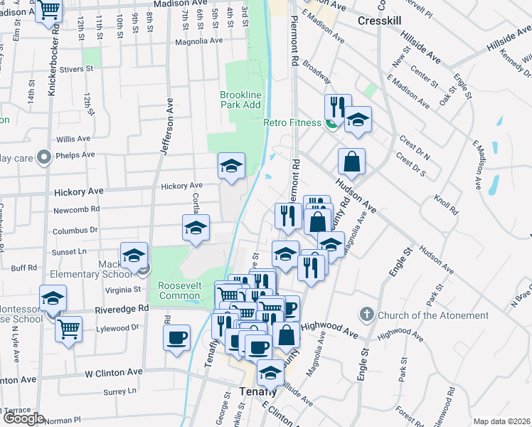 map of restaurants, bars, coffee shops, grocery stores, and more near 57 West Mahan Street in Tenafly