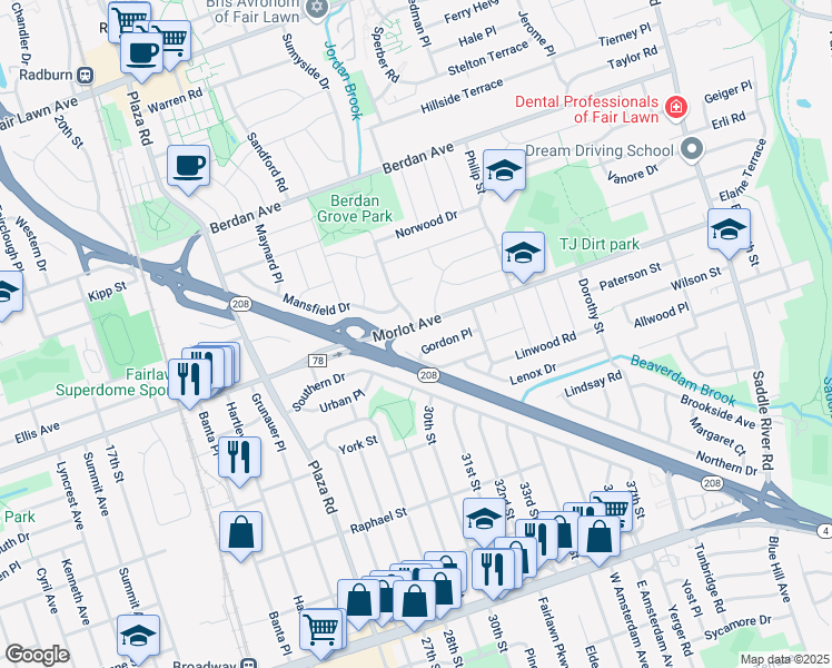 map of restaurants, bars, coffee shops, grocery stores, and more near 30-02 Morlot Avenue in Fair Lawn