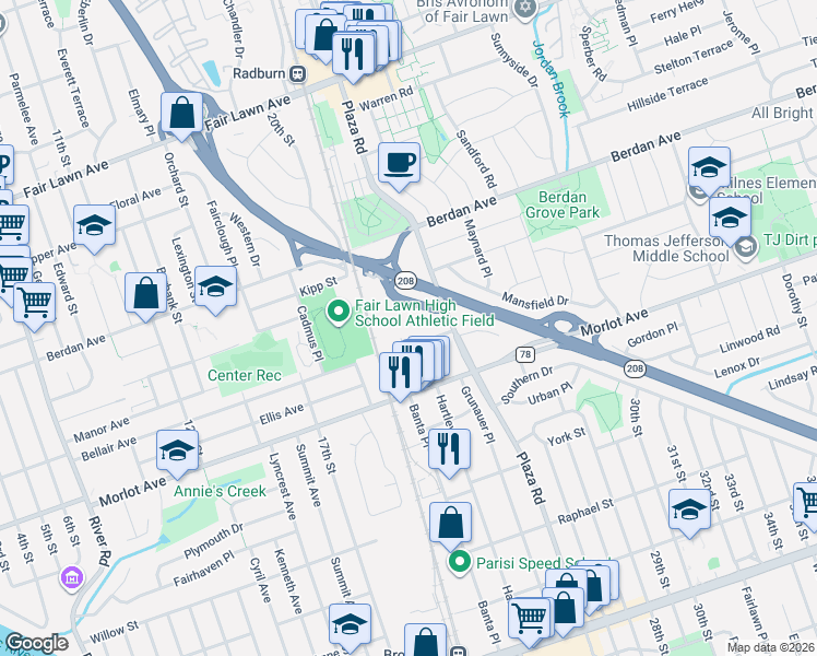 map of restaurants, bars, coffee shops, grocery stores, and more near 23-14 Carol Place in Fair Lawn