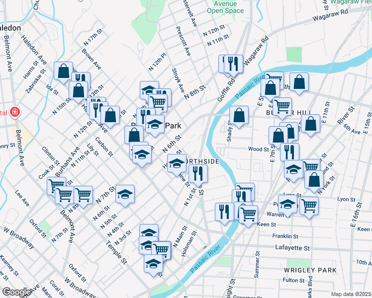 map of restaurants, bars, coffee shops, grocery stores, and more near 281 North 4th Street in Paterson