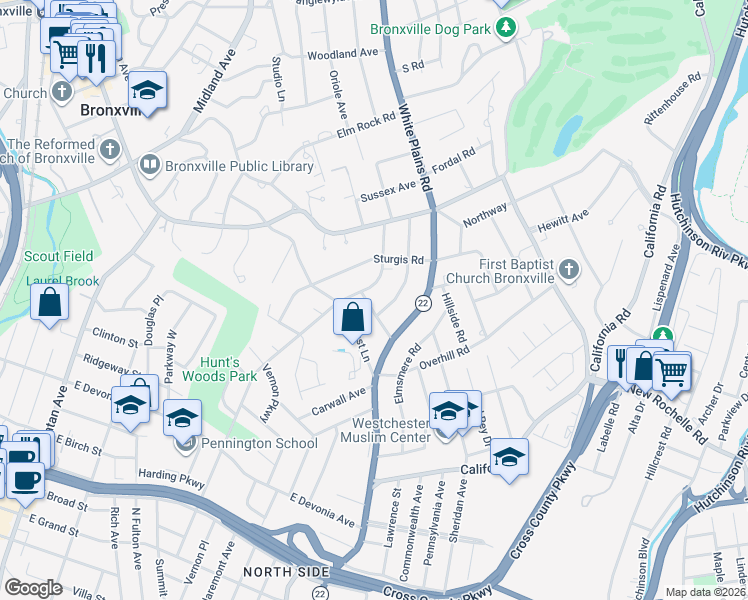 map of restaurants, bars, coffee shops, grocery stores, and more near 7 Pine Terrace in Bronxville