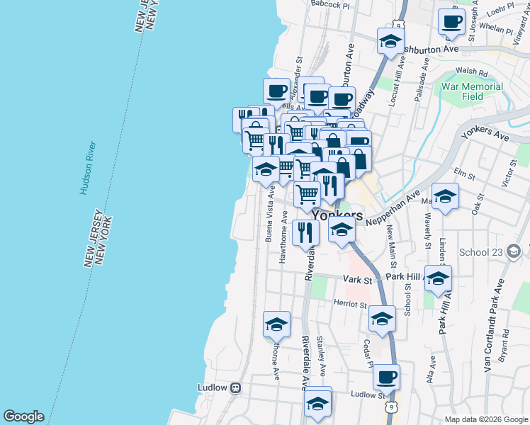 map of restaurants, bars, coffee shops, grocery stores, and more near 95 Buena Vista Avenue in Yonkers
