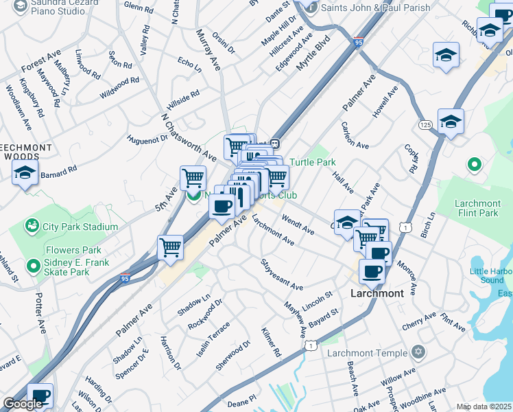 map of restaurants, bars, coffee shops, grocery stores, and more near 1930 Palmer Avenue in Larchmont