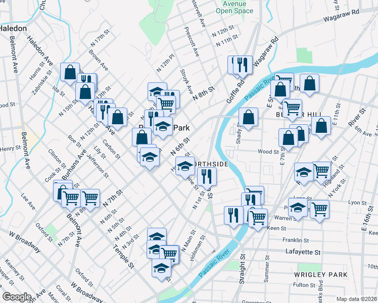 map of restaurants, bars, coffee shops, grocery stores, and more near 7 Brown Avenue in Prospect Park