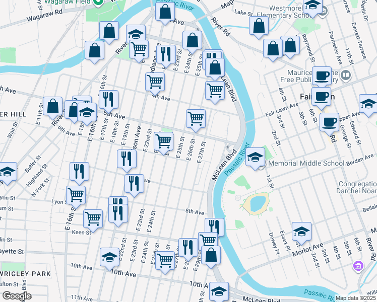 map of restaurants, bars, coffee shops, grocery stores, and more near 184 East 26th Street in Paterson