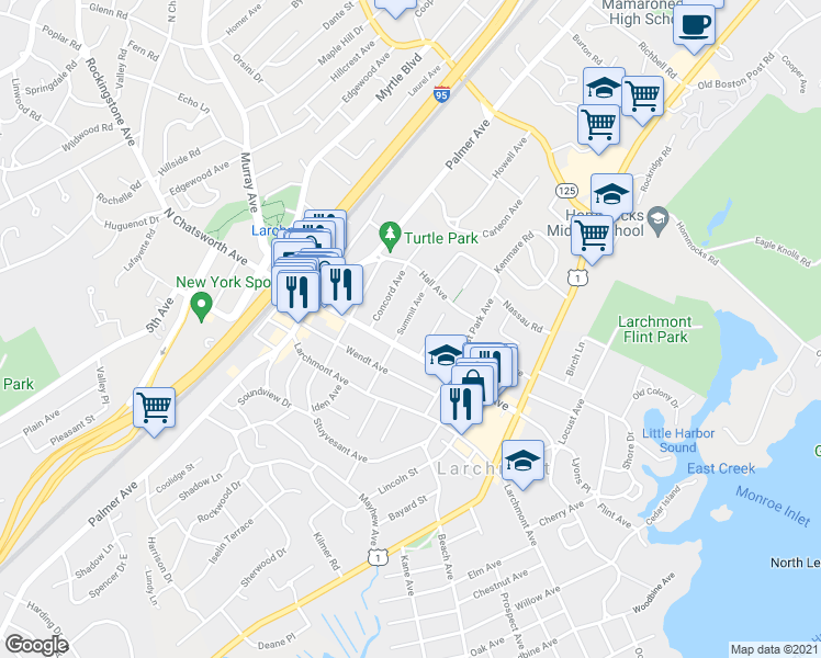 map of restaurants, bars, coffee shops, grocery stores, and more near 21 Summit Avenue in Larchmont