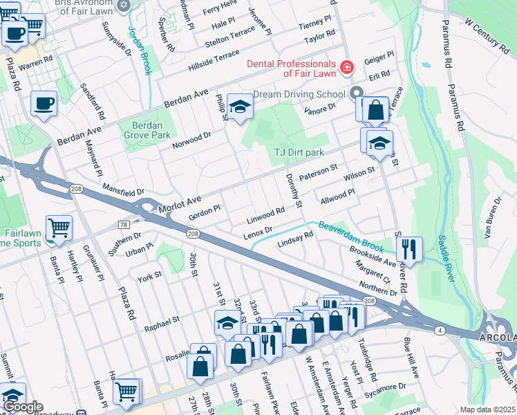 map of restaurants, bars, coffee shops, grocery stores, and more near 4-27 Philip Street in Fair Lawn