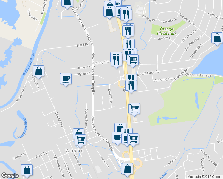 map of restaurants, bars, coffee shops, grocery stores, and more near 26 Squire Lane in Wayne