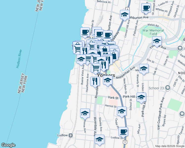 map of restaurants, bars, coffee shops, grocery stores, and more near 34 Prospect Street in Yonkers