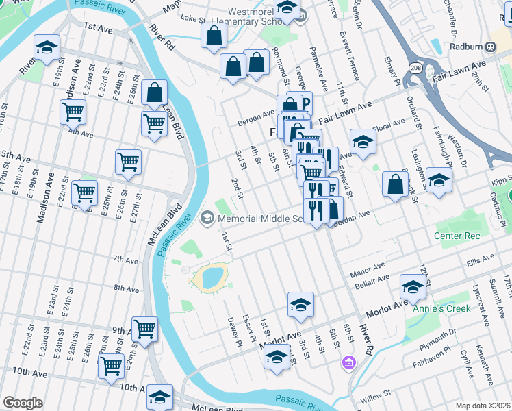 map of restaurants, bars, coffee shops, grocery stores, and more near 12-58 3rd Street in Fair Lawn