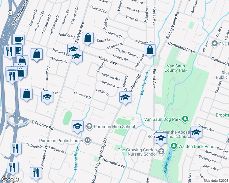 map of restaurants, bars, coffee shops, grocery stores, and more near 203 Lawson Place in Paramus