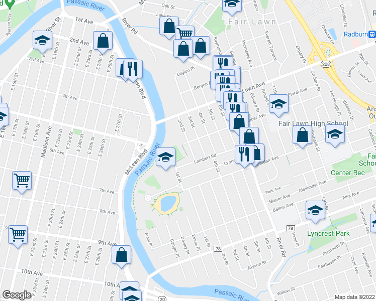 map of restaurants, bars, coffee shops, grocery stores, and more near 12-66 2nd Street in Fair Lawn