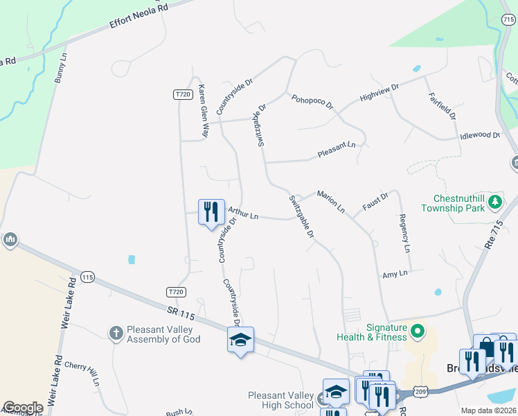 map of restaurants, bars, coffee shops, grocery stores, and more near 1402 Arthur Ln in Brodheadsville