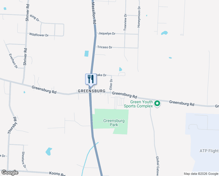 map of restaurants, bars, coffee shops, grocery stores, and more near 4800 Etter Drive in North Canton
