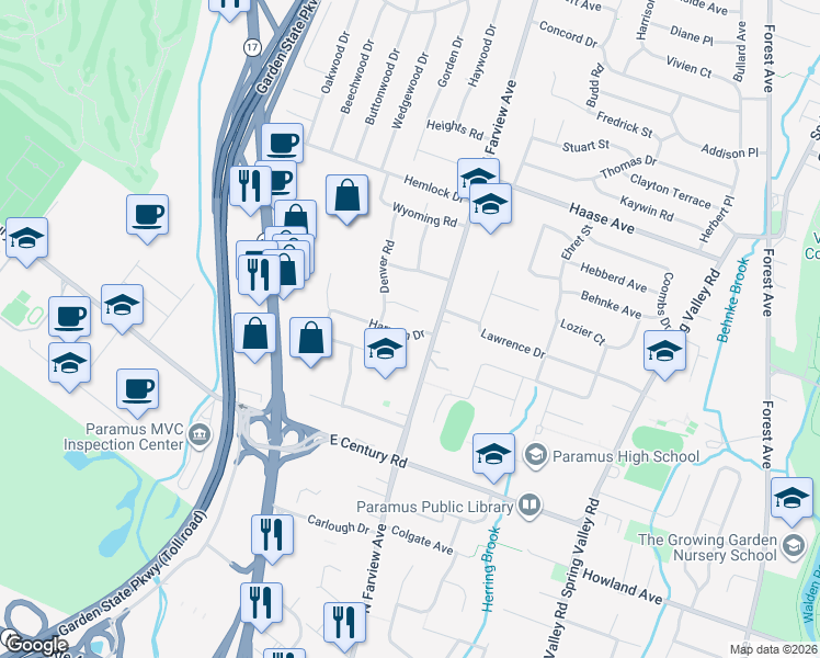 map of restaurants, bars, coffee shops, grocery stores, and more near 61 Harmon Drive in Paramus