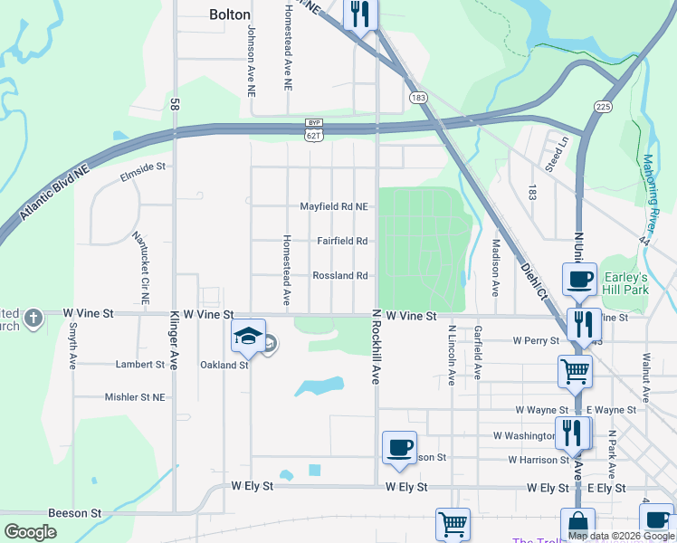 map of restaurants, bars, coffee shops, grocery stores, and more near 1004 Ridgefield Avenue in Alliance