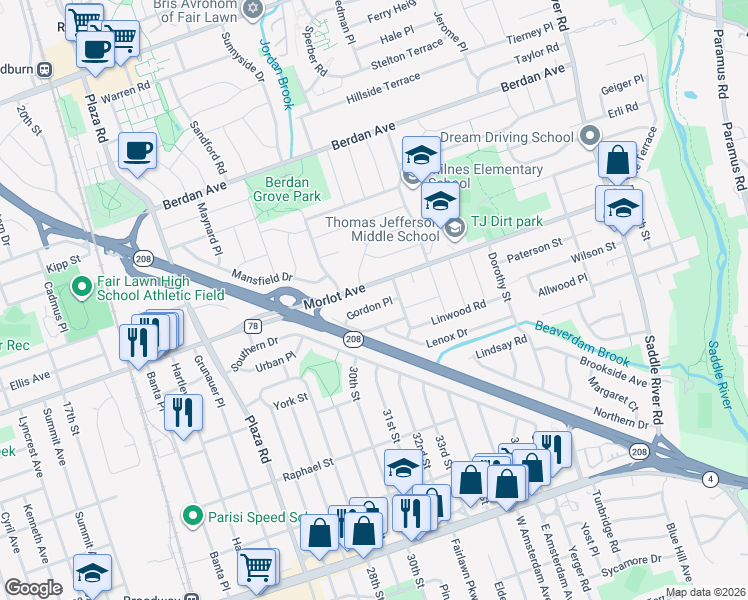 map of restaurants, bars, coffee shops, grocery stores, and more near 31-11 Gordon Place in Fair Lawn