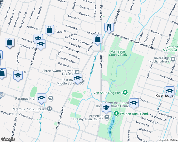 map of restaurants, bars, coffee shops, grocery stores, and more near 148 Viola Way in Paramus