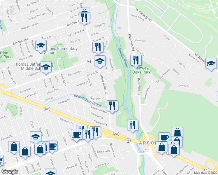 map of restaurants, bars, coffee shops, grocery stores, and more near 3-21 Saddle River Road in Fair Lawn