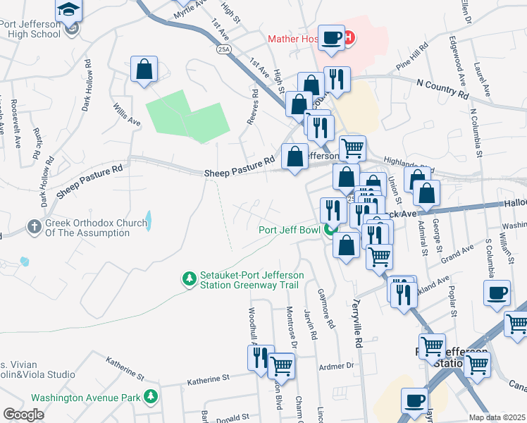 map of restaurants, bars, coffee shops, grocery stores, and more near 51 Piedmont Drive in Port Jefferson Station