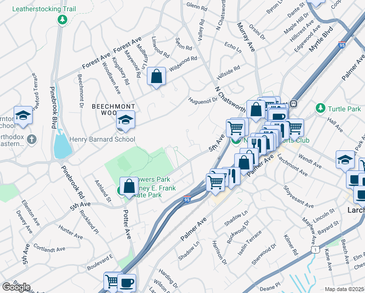 map of restaurants, bars, coffee shops, grocery stores, and more near 570 5th Avenue in New Rochelle