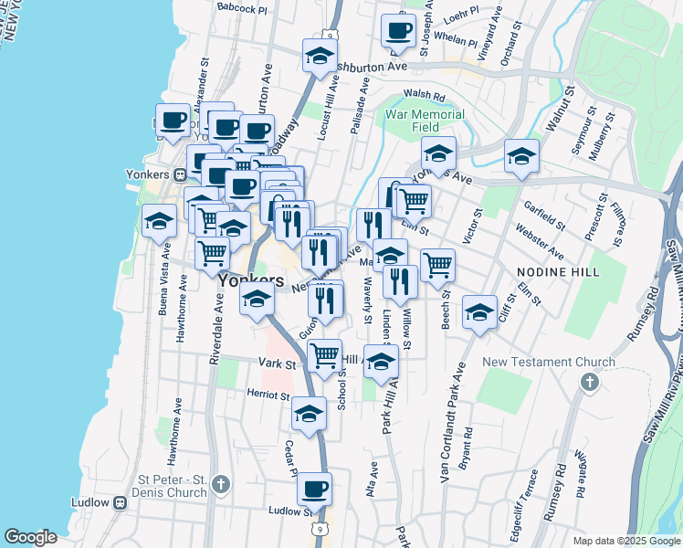 map of restaurants, bars, coffee shops, grocery stores, and more near 16 School St in Yonkers