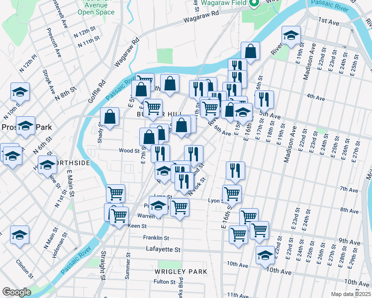map of restaurants, bars, coffee shops, grocery stores, and more near 519 River Street in Paterson