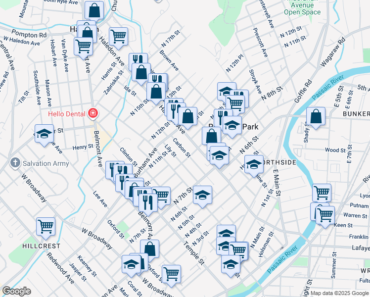 map of restaurants, bars, coffee shops, grocery stores, and more near 172 Carbon Street in Paterson
