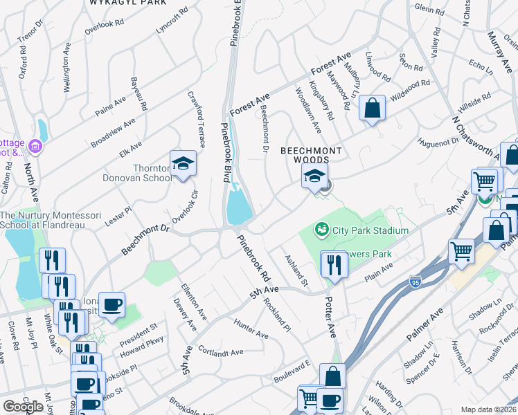 map of restaurants, bars, coffee shops, grocery stores, and more near 330 Beechmont Drive in New Rochelle