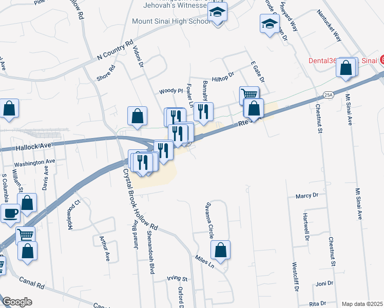 map of restaurants, bars, coffee shops, grocery stores, and more near 15 Myrtle Street in Mount Sinai