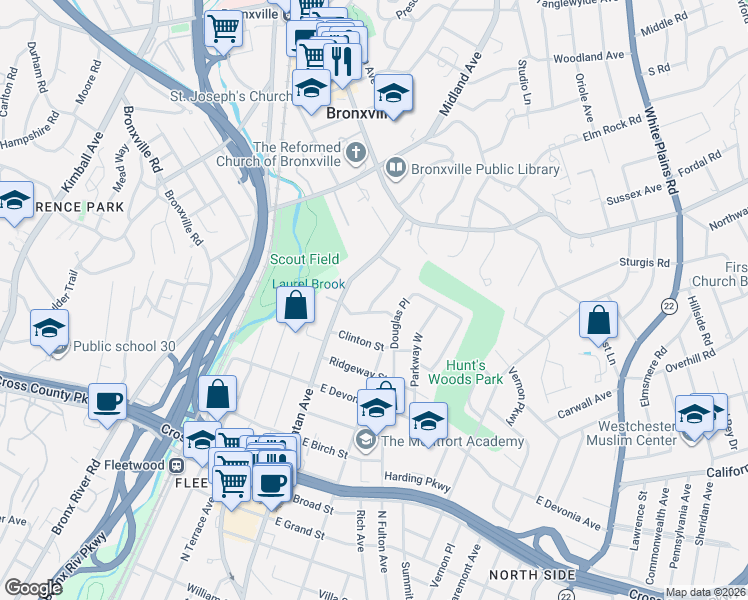 map of restaurants, bars, coffee shops, grocery stores, and more near 21 Laporte Avenue in Mount Vernon