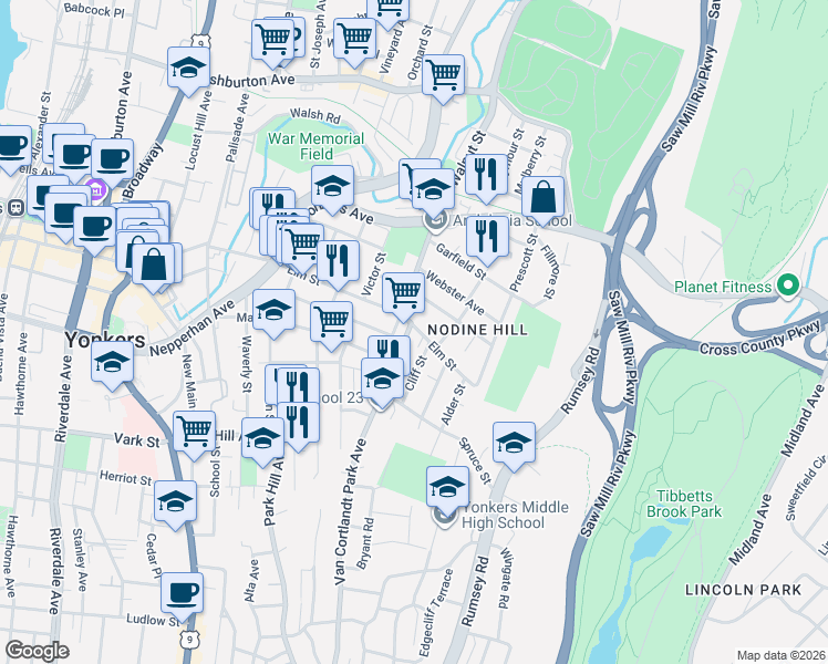 map of restaurants, bars, coffee shops, grocery stores, and more near 4 Van Cortlandt Park Avenue in Yonkers
