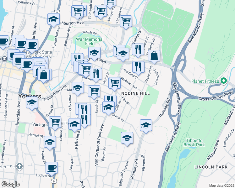 map of restaurants, bars, coffee shops, grocery stores, and more near 4 Van Cortlandt Park Avenue in Yonkers
