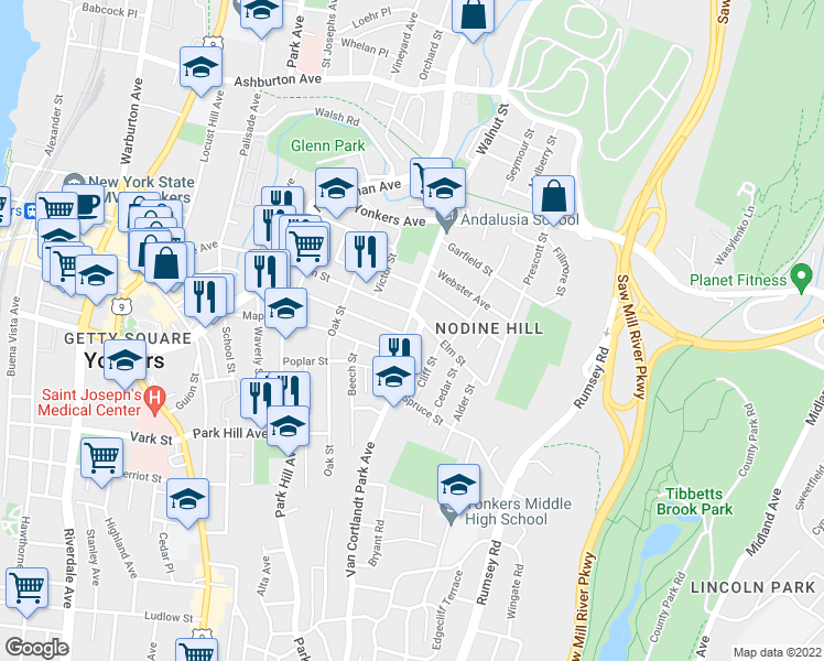 map of restaurants, bars, coffee shops, grocery stores, and more near 4 Van Cortlandt Park Avenue in Yonkers