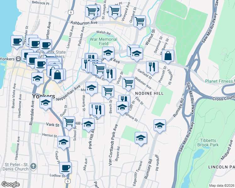map of restaurants, bars, coffee shops, grocery stores, and more near 102 Ash Street in Yonkers