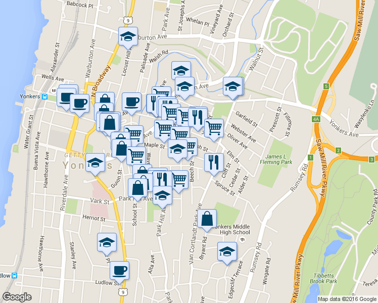 map of restaurants, bars, coffee shops, grocery stores, and more near 75 Maple Street in Yonkers