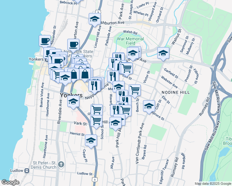 map of restaurants, bars, coffee shops, grocery stores, and more near 113 Linden Street in Yonkers