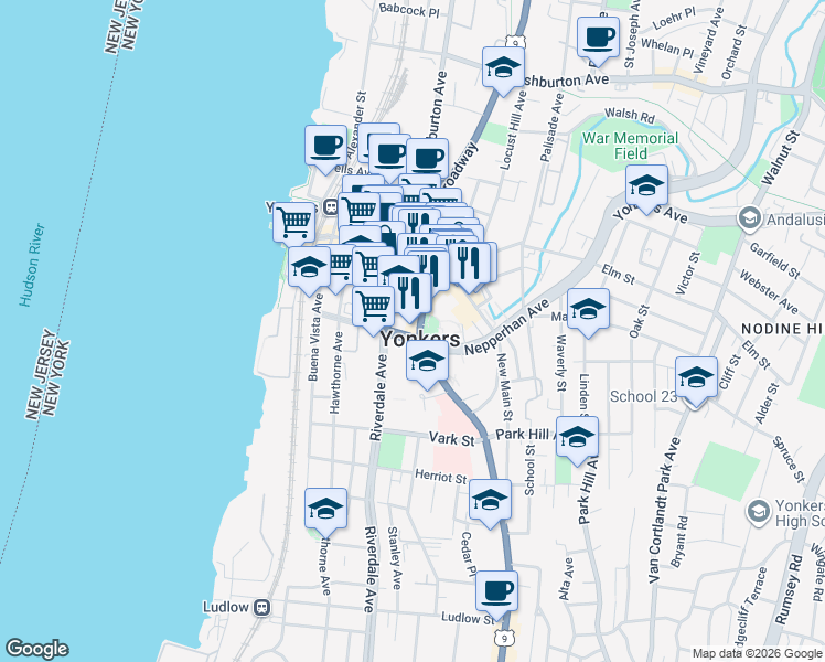 map of restaurants, bars, coffee shops, grocery stores, and more near in Yonkers