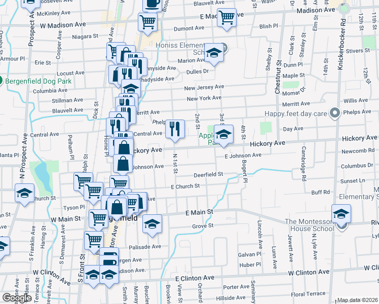 map of restaurants, bars, coffee shops, grocery stores, and more near 110 Hickory Avenue in Bergenfield